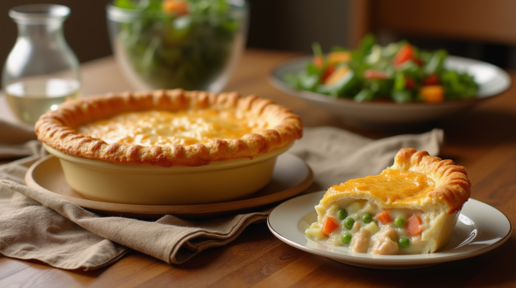 Freshly baked chicken pot pie with a golden Bisquick crust, served on a rustic wooden table with a slice cut out revealing the creamy chicken and vegetable filling