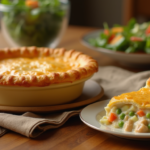 Freshly baked chicken pot pie with a golden Bisquick crust, served on a rustic wooden table with a slice cut out revealing the creamy chicken and vegetable filling