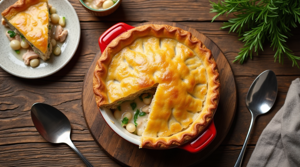 A freshly baked chicken pot pie with a golden Bisquick crust, filled with creamy chicken, carrots, peas, and celery, served in a round white dish on a rustic wooden table.