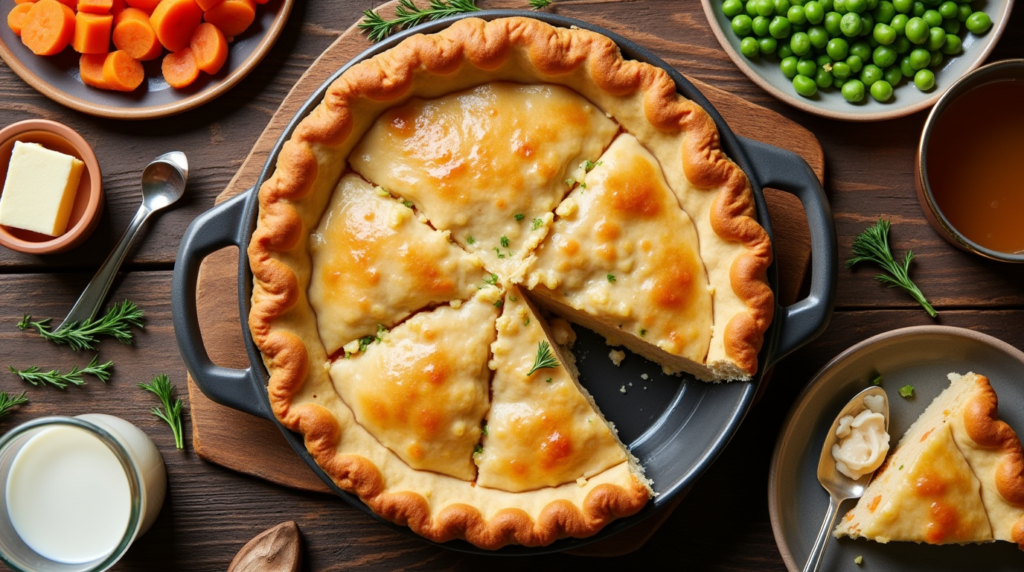 A freshly baked chicken pot pie with a golden Bisquick crust, filled with creamy chicken, carrots, peas, and celery, served in a round white dish on a rustic wooden table.