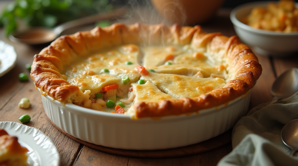 A freshly baked chicken pot pie with a golden Bisquick crust, filled with creamy chicken, carrots, peas, and celery, served in a round white dish on a rustic wooden table.