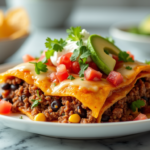 Close-up of a delicious taco lasagna with layers of tortillas, seasoned ground beef, melted cheese, salsa, beans, and corn, garnished with diced tomatoes and fresh cilantro.