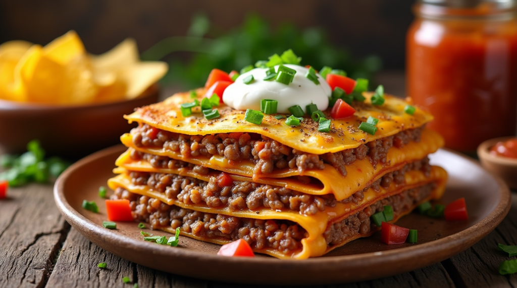 Layered taco lasagna with tortillas, seasoned beef, melted cheese, salsa, black beans, corn, and fresh toppings like diced tomatoes and cilantro.