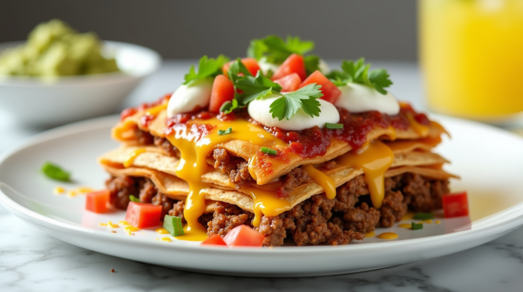 Taco lasagna layers with melted cheese, beef, beans, and fresh toppings.