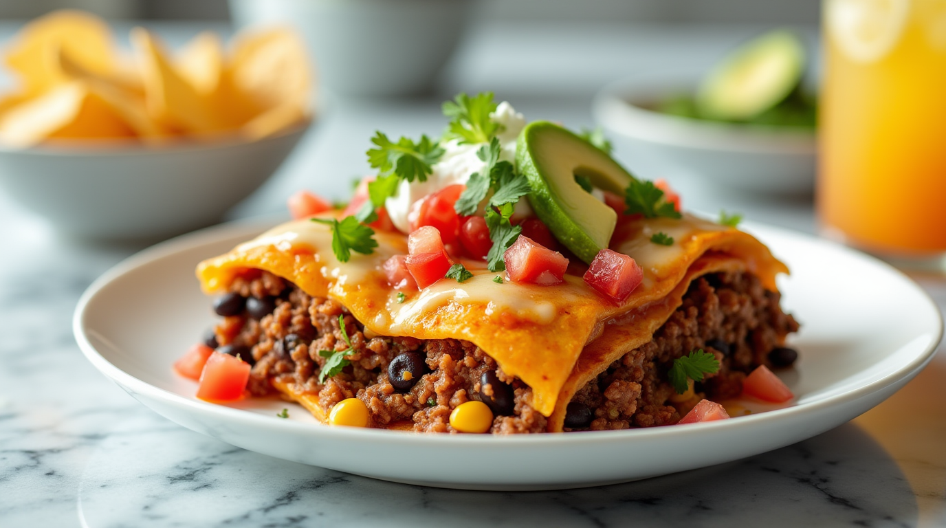 Close-up of a delicious taco lasagna with layers of tortillas, seasoned ground beef, melted cheese, salsa, beans, and corn, garnished with diced tomatoes and fresh cilantro.